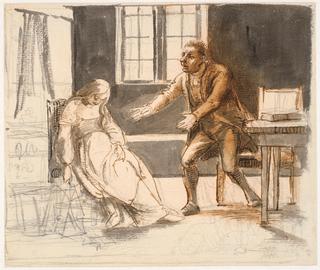 A man raises his arms against a woman who is fainted in a chair