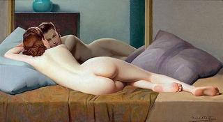 Nude lying by a mirror