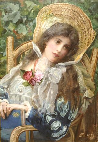 Portrait of a Girl, Seated in a Garden, Wearing a Blue Patterned Dress and Holding a Book