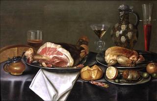 A still life with a ham and chicken on silver plates....