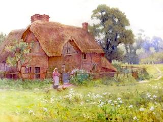 A Maid Feeding Chickens by a Country Cottage
