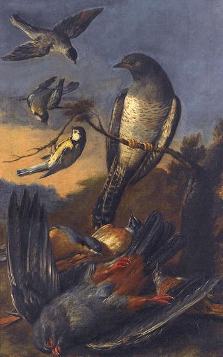 A Kestrel, a Great-Tit, and other Birds in a Landscape