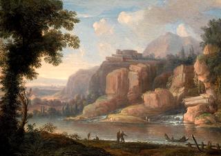 A Mountainous River Landscape with Figures by the Shore