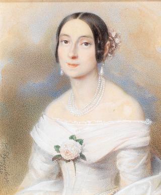 A portrait of a young woman in a pinkish dress and a pearl chain