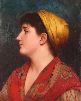 Bust length portrait of a woman wearing a shawl