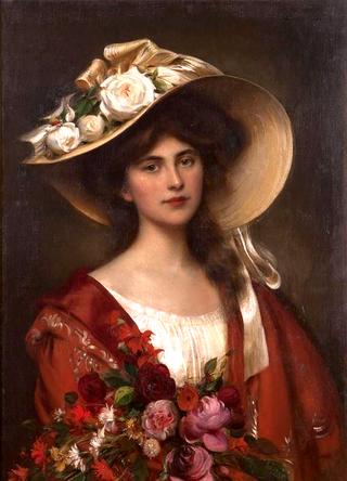 Portrait of a Young Woman in a Hat Holding a Bouquet of Flowers