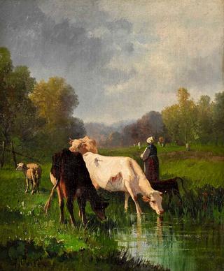 Cows and Shepherdess on the Shore of a Body of Water