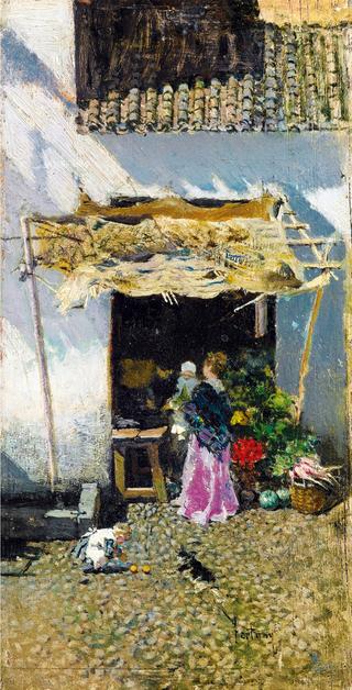 Young Woman at the lilac skirt in front of a Vegetable Stall
