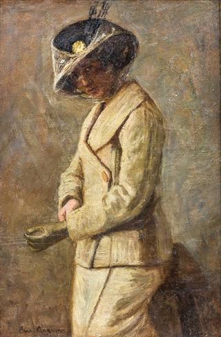 Lady in Street Clothes and Hat, Putting on a Glove