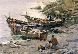 Mending the Nets, Fishing Boats at Shore