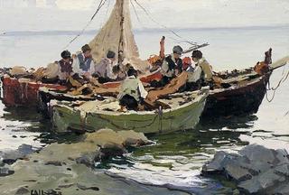 Fishing Boats, Mending the Nets