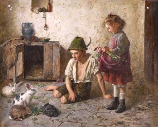 Children and Rabbits in an Interior