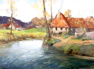 Autumn Landscape with River and Thatched Cottages