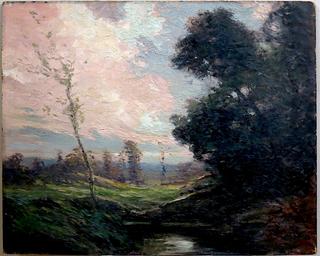 Landscape with Birch Tree, Pink Clouds