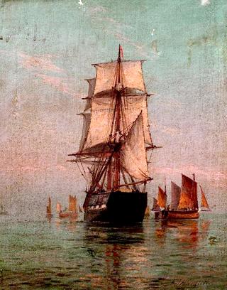Fishing Smacks and Square Rigged Ship in the Calm