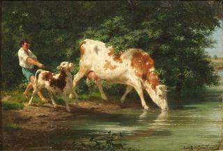 Shepherd Boy with a Cow and Her Calf at the Water