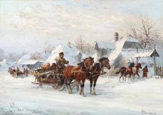 Sleighs in a Village at Winter Time