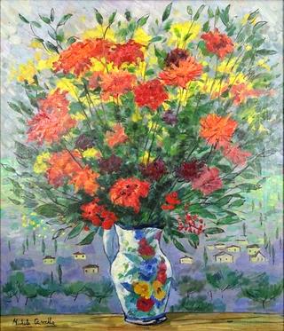 Vase of Flowers with Landscape Background