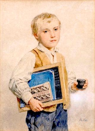 Boy with Writing Tablet and Glass of Water