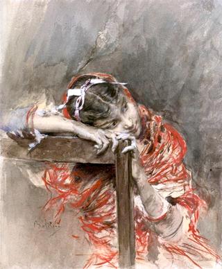 A Girl Wearing a Red Shawl