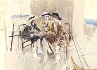 Three Women in Conversation on a Terrace