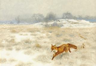 Fox and Hounds in a Winter Landscape