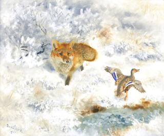 Fox and Duck in a Winter Landscape