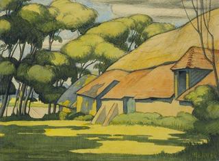 Thatched House, Trees and Fields