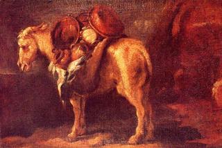 A horse with pots of copper and clay