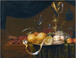 Still life with crabs, peaches, apricots, grapes and a partly peeled lemon, with glasses behind