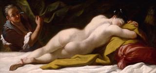 Nude Asleep in an Interior, an Older Woman Beyond