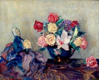 Floral Still Life with Roses and Vase with Human Doll Figure