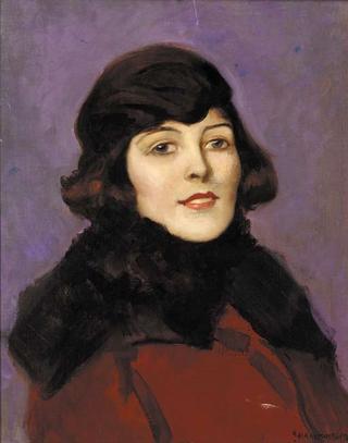 Portrait of a lady, bust-length, wearing a red coat