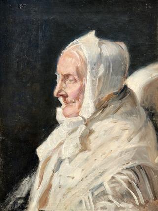Ane Brøndum, the artist’s mother-in-law in profile with a white bonnet and a white shawl