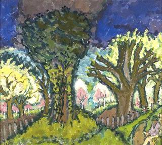 Blooming trees beside road