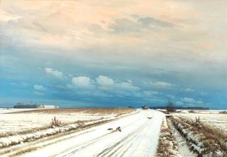 Lonely Horse and Cart in a Cloudy Winter Landscape
