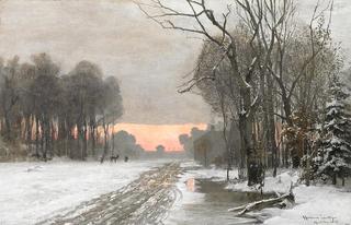 Winter Scenery with a Red Sky over Munich