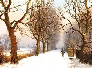 Winter Scene with People Walking along a Brook