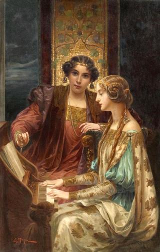 Music Lesson. Two Ladies in Historicising Costumes Playing the Spinet