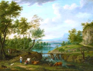 Vast Riverscape with Horsemen and Shepherds with Their Cattle