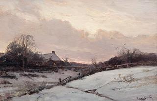 A Farm in a Snowy Landscape at Sunset