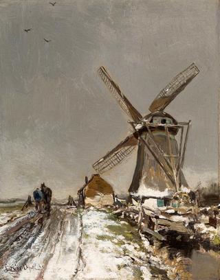 Dutch Polder Landscape in Winter with a Man and Horse near a Mill