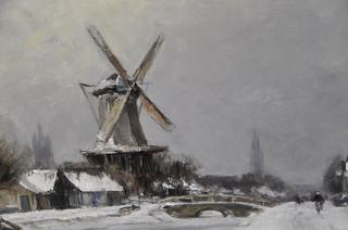 A Windmill In A Winter Landscape Near Delft