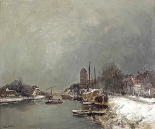 Moored Boats along a Canal in Winter