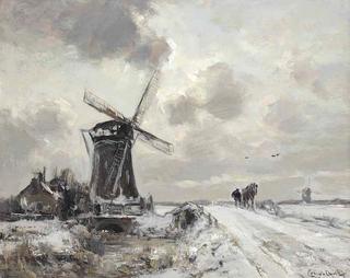 A Snow Covered Winter Landscape with a Windmill