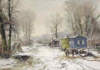 A Snow Covered Forest with Fair Wagons and a Horse along a Path