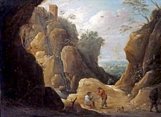 Travelers Resting by a Creek in a Rocky Landscape