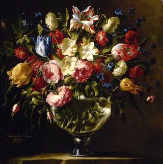 Still Life of Roses, Variegated Tulips, Peonies and Other Flowers in Crystal Vases on Stone Plinths