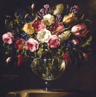 Still Life of Roses, Variegated Tulips, Peonies and Other Flowers in Crystal Vases on Stone Plinths