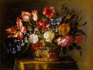 Still Life of Tulips, Bluebells and Other Flowers in a Basket on a Stone Pedestal